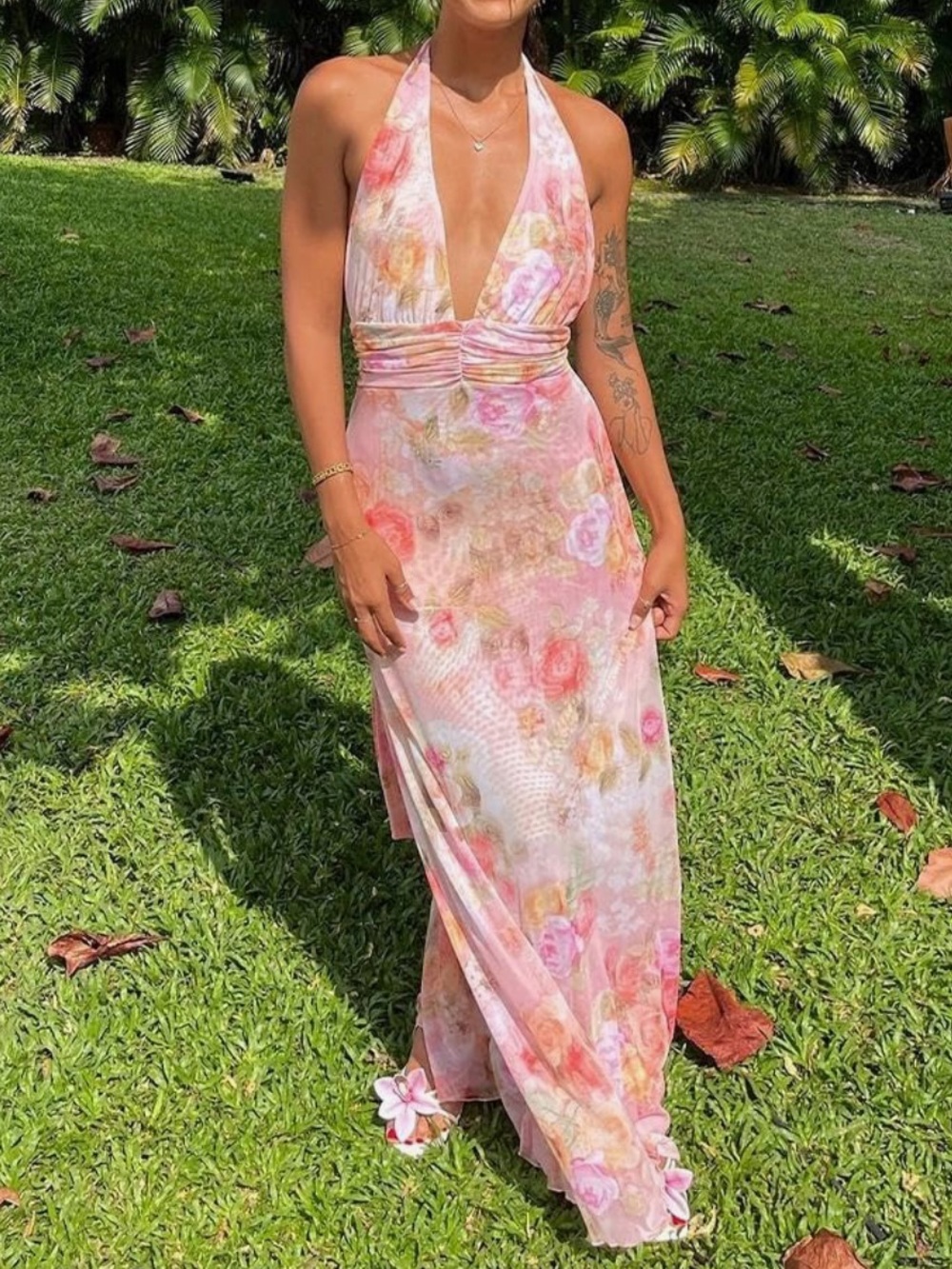 Pink Floral Halter Maxi Dress